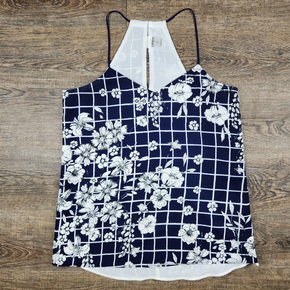 Express Barcelona Cami Navy Blue White Floral Grid Halter Top Blouse Small